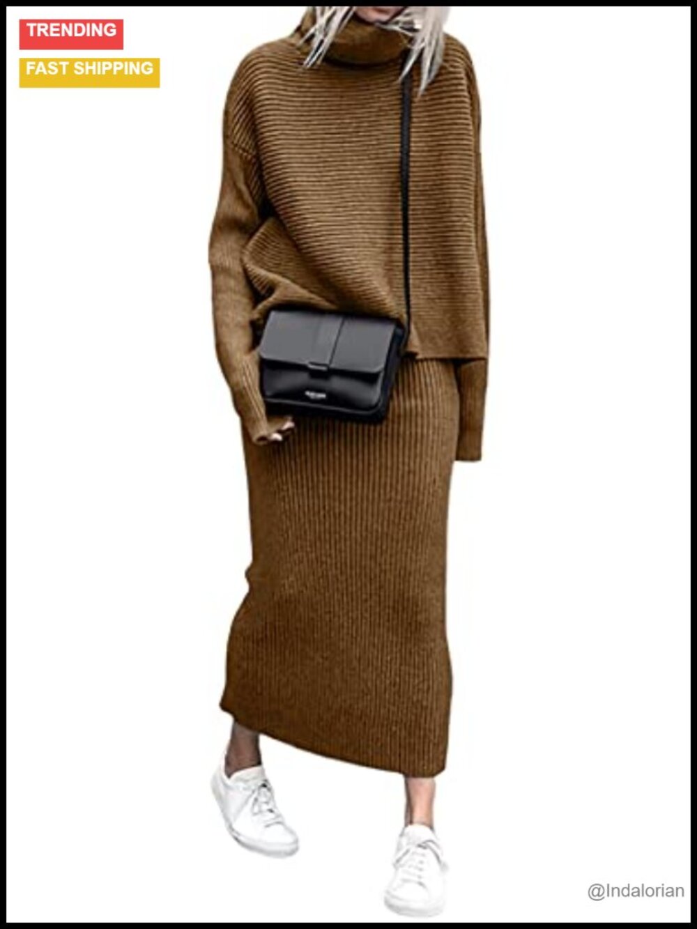 Ribbed Knit Turtleneck Pullover & Maxi Skirt 2 Piece Sweater Set